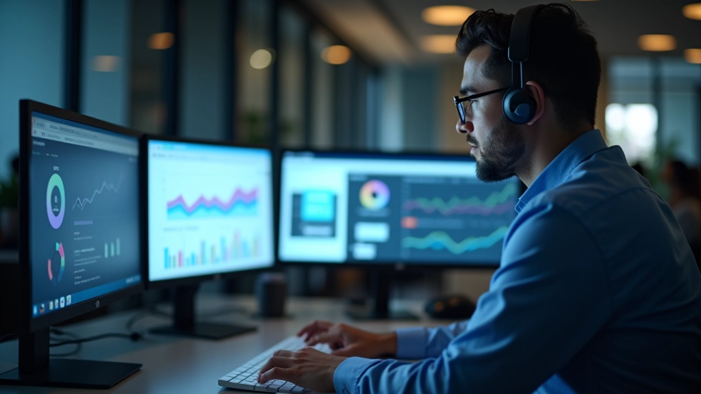 Designer analyzing conversion metrics and button placement patterns on computer screen with dashboard analytics displayed