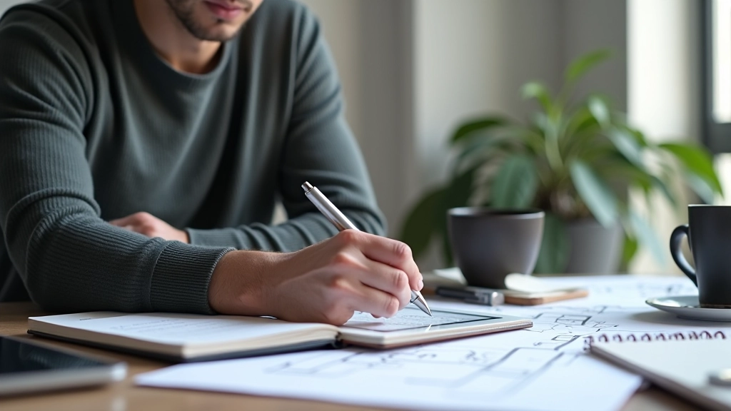 Designer sketching wireframe layout on tablet with pen, notebook beside with annotations