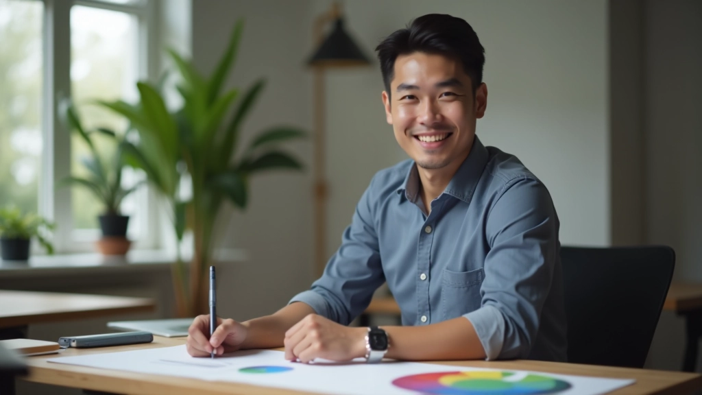 Designer working at desk with color palette and design tools, creating brand visual identity