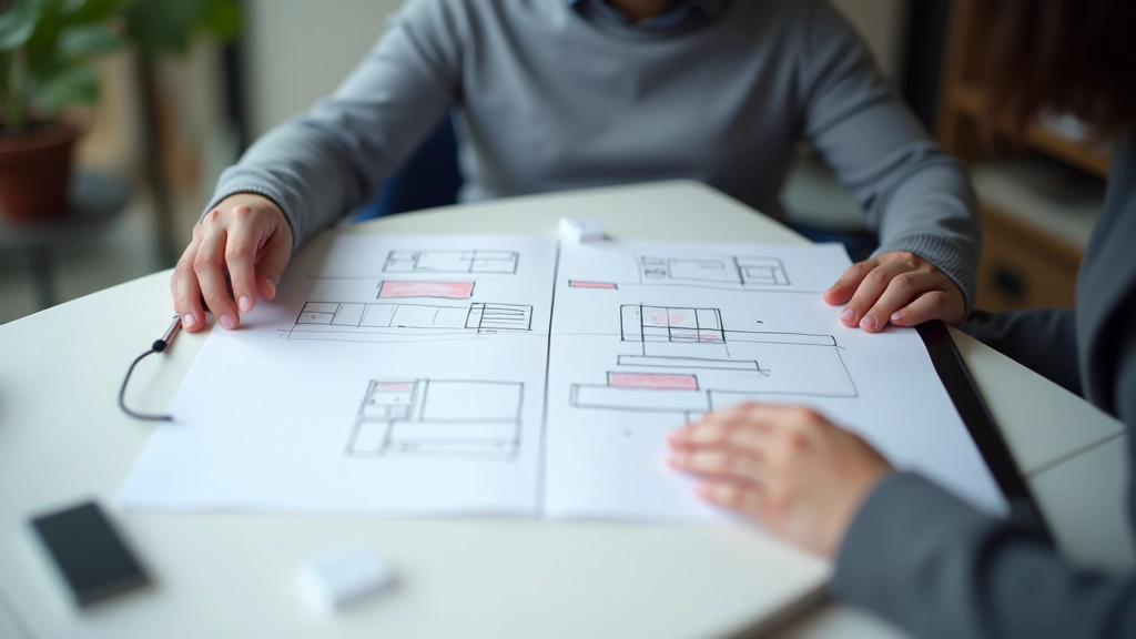 Web page layout wireframe showing strategic placement of headlines, images, buttons, and whitespace with annotations highlighting conversion optimization zones and element positioning