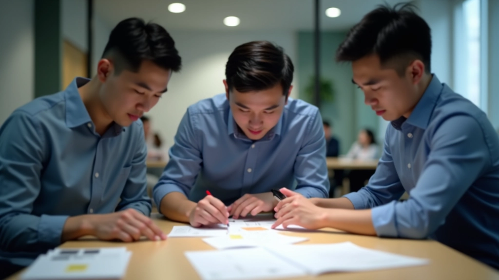 Marketing team reviewing design mockups spread across conference table, discussing layout
