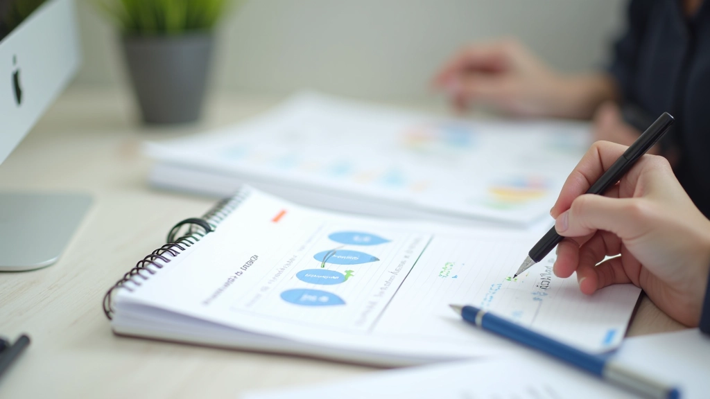 Notebook with hand-drawn graphs and notes showing conversion rate improvements tracked over time with upward trending lines and data annotations