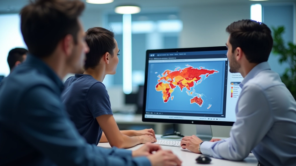 Team collaborating around computer screen showing heat map visualization of user clicks and attention patterns on website layout
